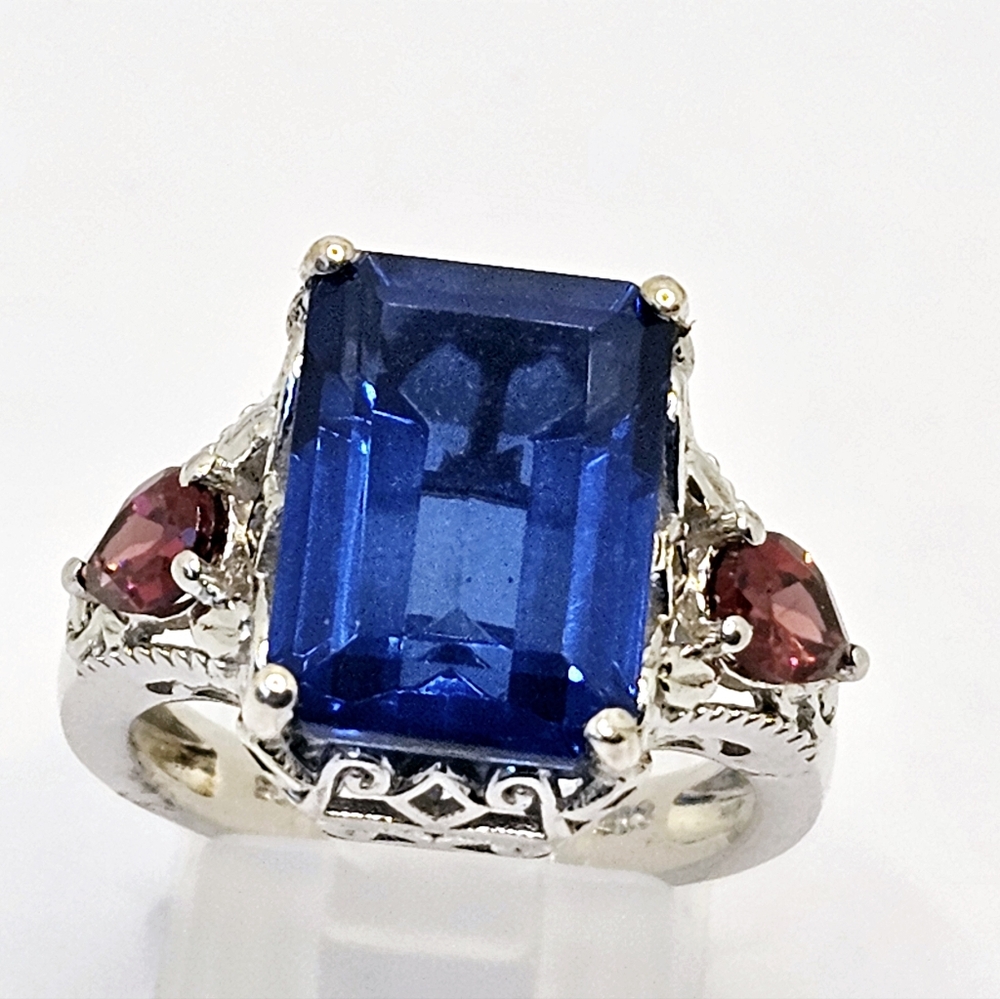 Genuine Brazilian Azul & Ruby Ring in Platinum over Sterling Silver Sz 8!